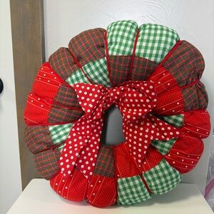 Handmade Stuffed Fabric Cotton Wreath Christmas Holiday Red Green Bow Decor 20"